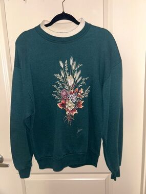 Men's Dark Teal Crewneck Sweatshirt with Floral Bouquet Graphic